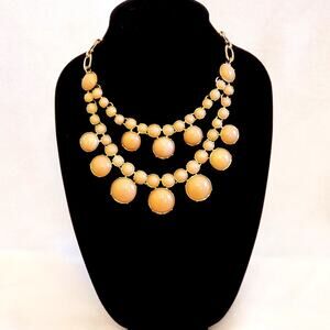 Talbots Statement Necklace – Gold Tone & Tan, Double Strand Bib, Signed T, 17 in